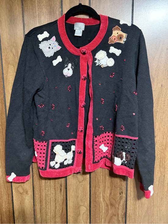 berek Sweaters - berek Black & Red Dog Motif Cardigan Sweater